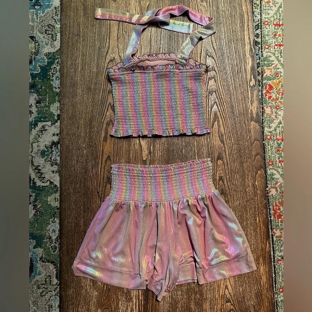Rainbow Pink Metallic Matching Set Halter Top and Shorts TCEC